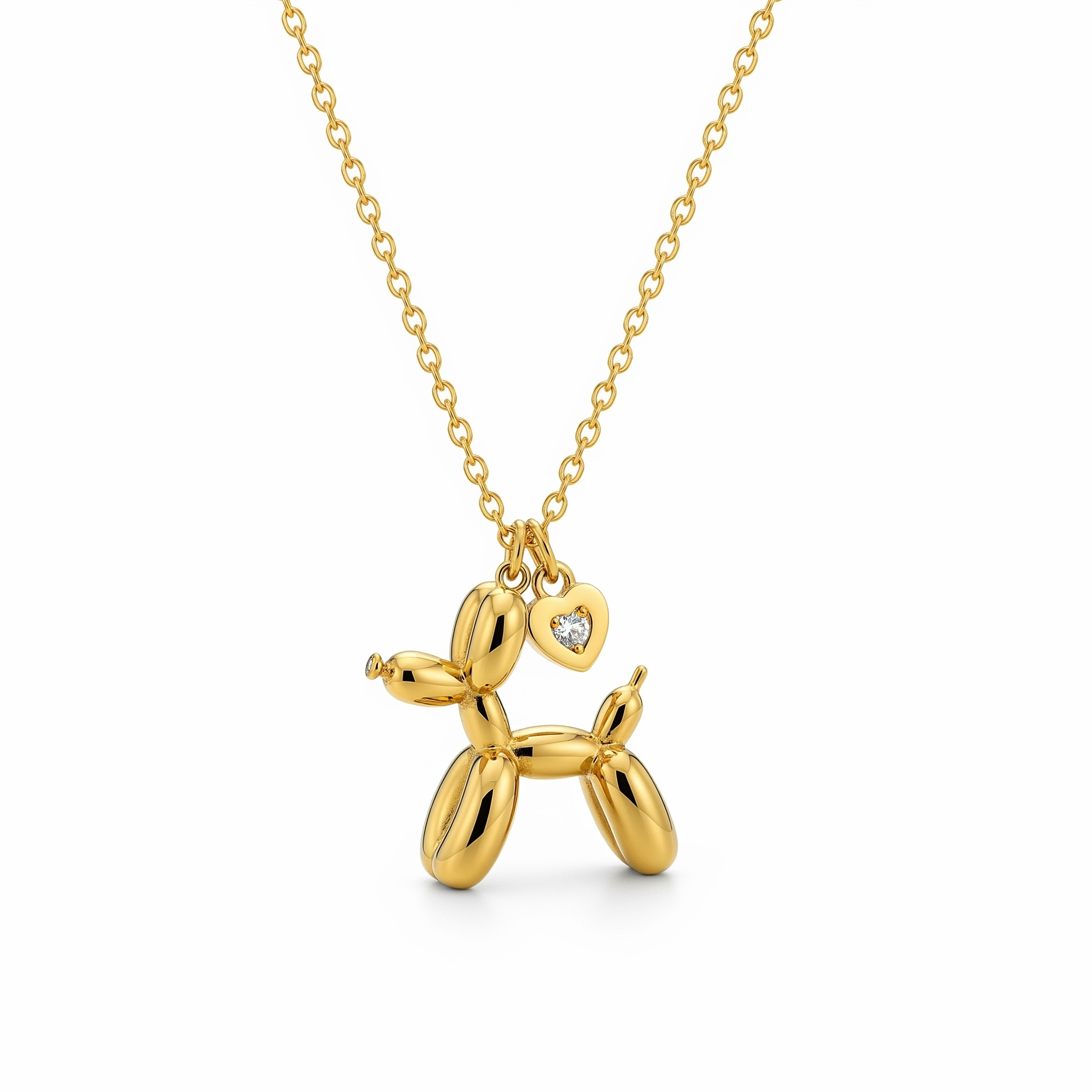 Balloon Dog Pendant Necklace with Heart-Shaped Charm and Diamond Accent in Stainless Steel